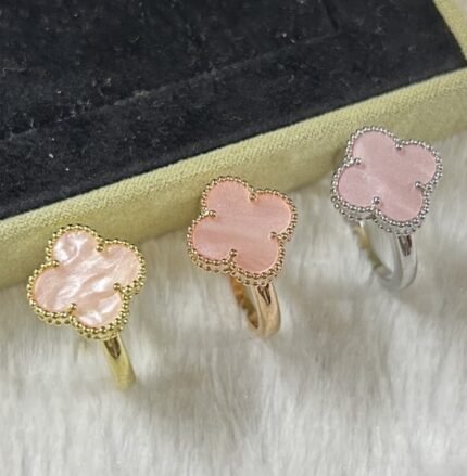 vca single clover ring, pink mother of pearl, gold, rose gold, silver